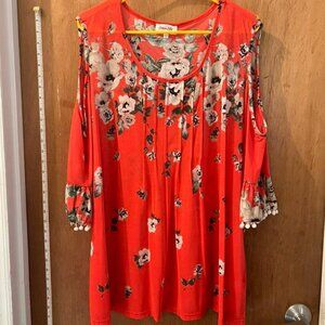 Size 3X - Siren Lilly - Salmon and Gray Floral Cold-Shoulder Pullover Blouse